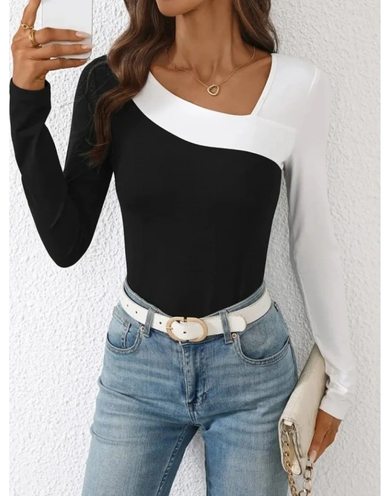 Kadın Uzun Kollu Geometrik Yaka Detaylı çift Renkli Viskon Bluz