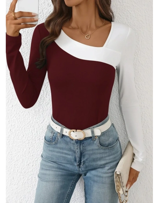 Kadın Uzun Kollu Geometrik Yaka Detaylı çift Renkli Viskon Bluz