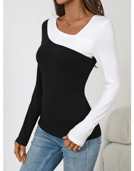 Kadın Uzun Kollu Geometrik Yaka Detaylı çift Renkli Viskon Bluz