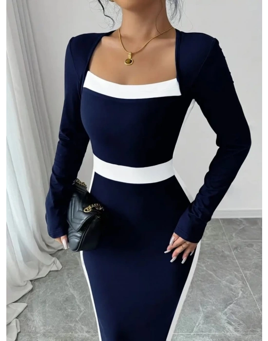 Kadın Uzun Kollu Geometrik Yaka Midi Ithal Krep Elbise