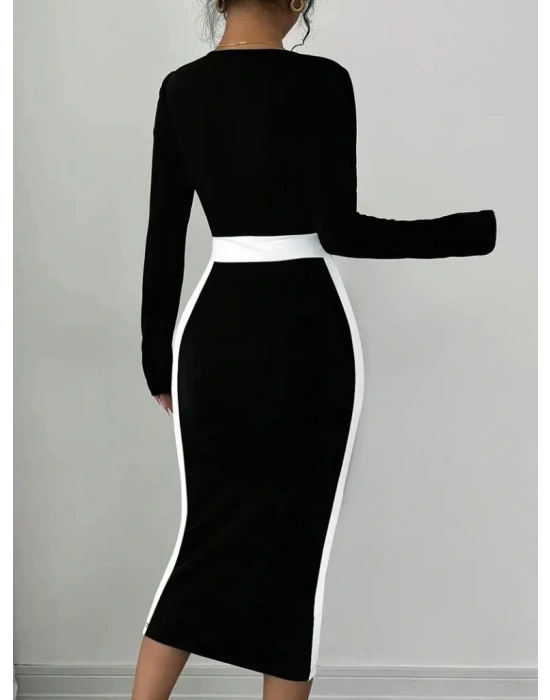 Kadın Uzun Kollu Geometrik Yaka Midi Ithal Krep Elbise