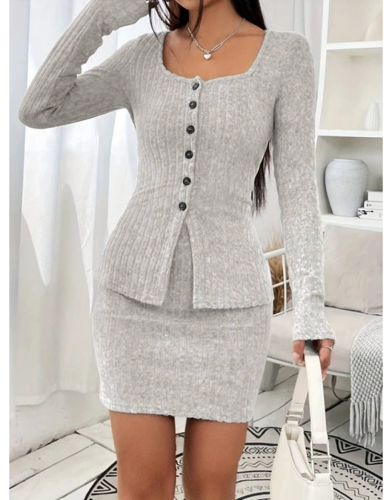 Kadın Uzun Kollu Geometrik Yaka önden Düğmeli şardonlu Kaşkorse Bluz Ve Etek Ikili Takım