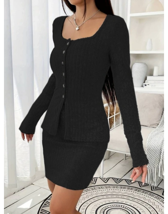 Kadın Uzun Kollu Geometrik Yaka önden Düğmeli şardonlu Kaşkorse Bluz Ve Etek Ikili Takım