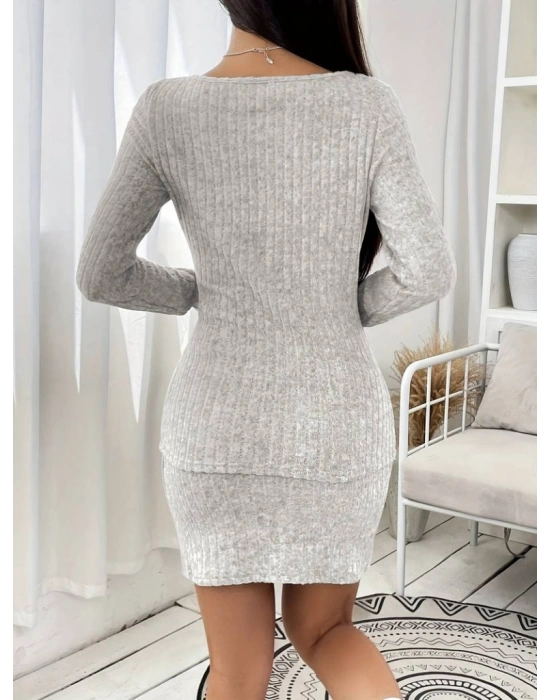 Kadın Uzun Kollu Geometrik Yaka önden Düğmeli şardonlu Kaşkorse Bluz Ve Etek Ikili Takım