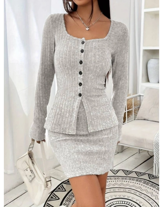 Kadın Uzun Kollu Geometrik Yaka önden Düğmeli şardonlu Kaşkorse Bluz Ve Etek Ikili Takım