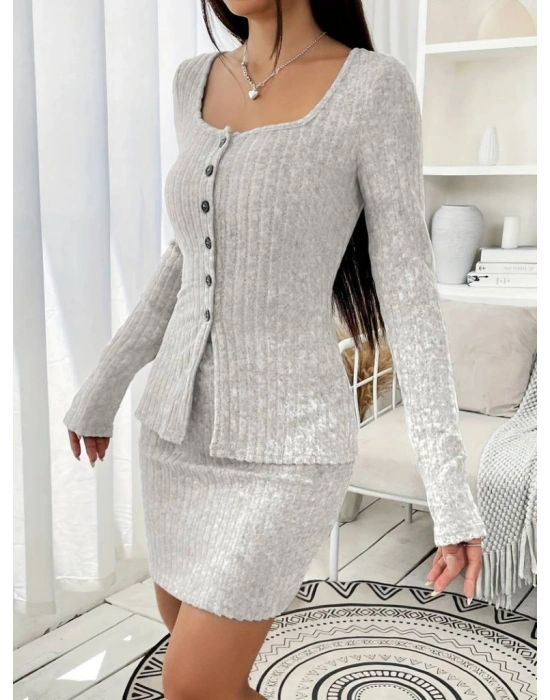 Kadın Uzun Kollu Geometrik Yaka önden Düğmeli şardonlu Kaşkorse Bluz Ve Etek Ikili Takım