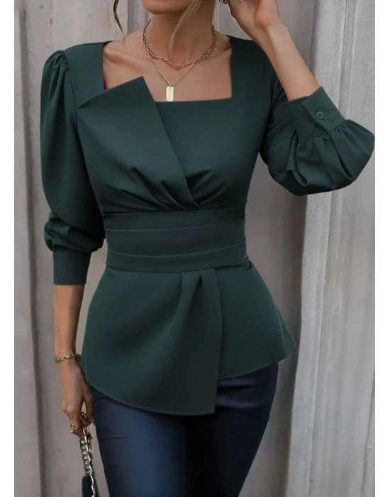 Kadın Uzun Kollu Geometrik Yakalı Belden Oturmalı Ithal Krep Bluz