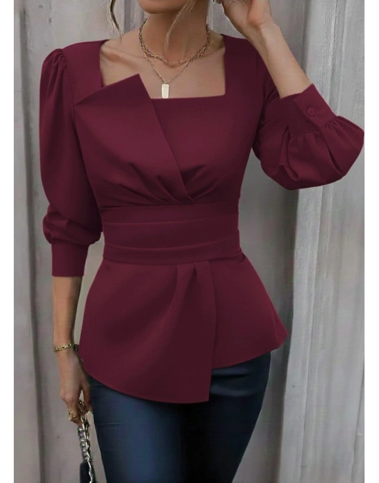 Kadın Uzun Kollu Geometrik Yakalı Belden Oturmalı Ithal Krep Bluz