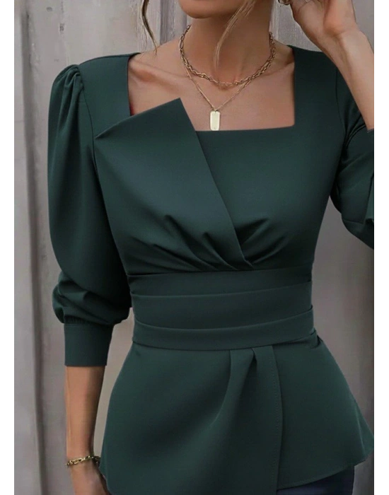 Kadın Uzun Kollu Geometrik Yakalı Belden Oturmalı Ithal Krep Bluz