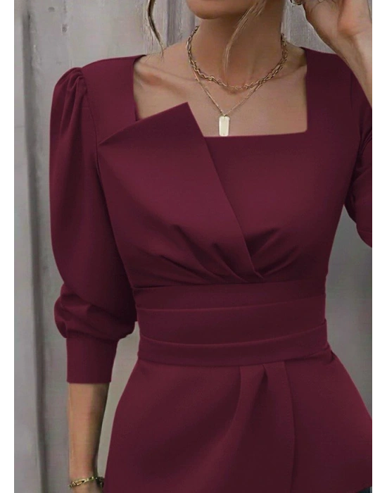 Kadın Uzun Kollu Geometrik Yakalı Belden Oturmalı Ithal Krep Bluz