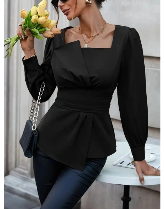 Kadın Uzun Kollu Geometrik Yakalı Belden Oturmalı Ithal Krep Bluz