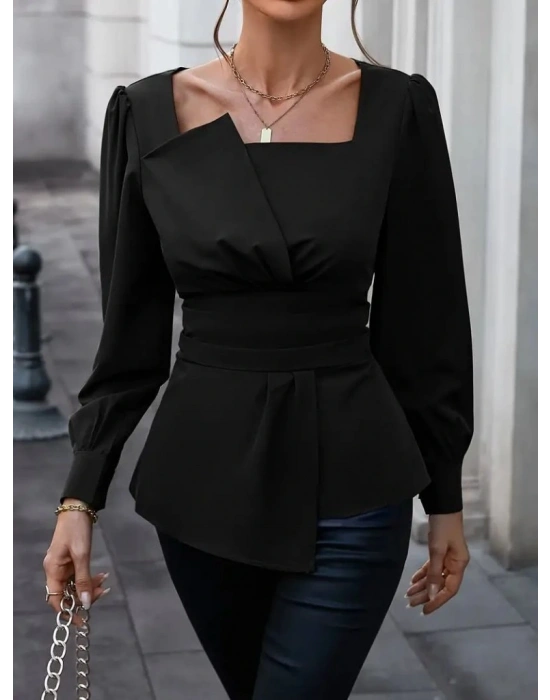 Kadın Uzun Kollu Geometrik Yakalı Belden Oturmalı Ithal Krep Bluz