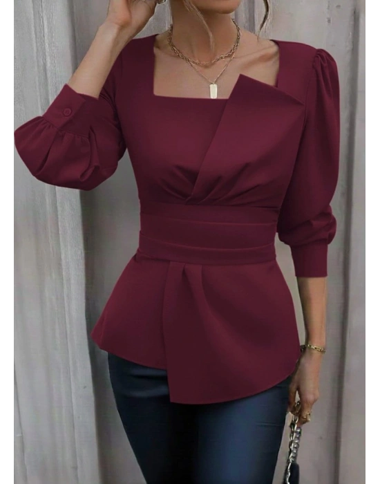 Kadın Uzun Kollu Geometrik Yakalı Belden Oturmalı Ithal Krep Bluz