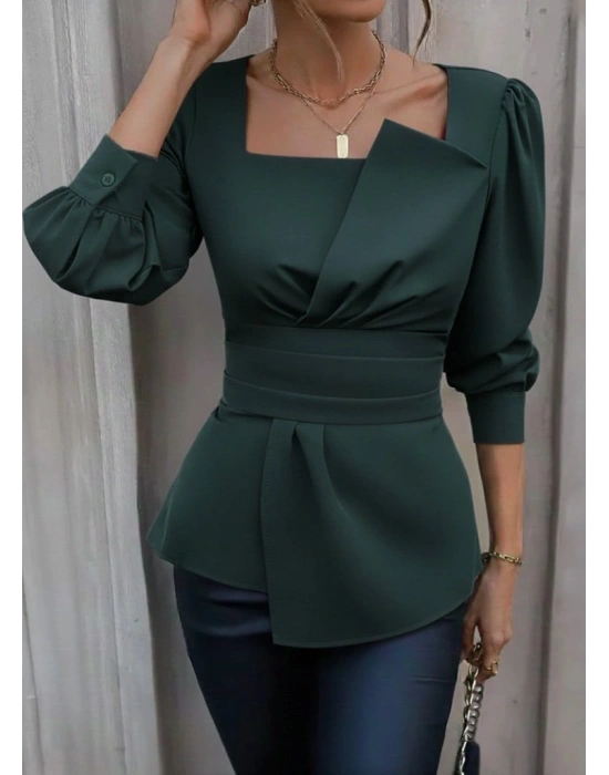 Kadın Uzun Kollu Geometrik Yakalı Belden Oturmalı Ithal Krep Bluz