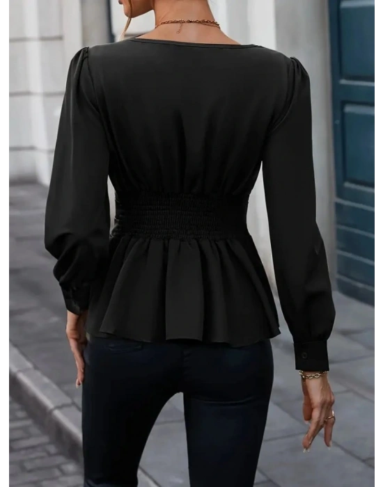 Kadın Uzun Kollu Geometrik Yakalı Belden Oturmalı Ithal Krep Bluz