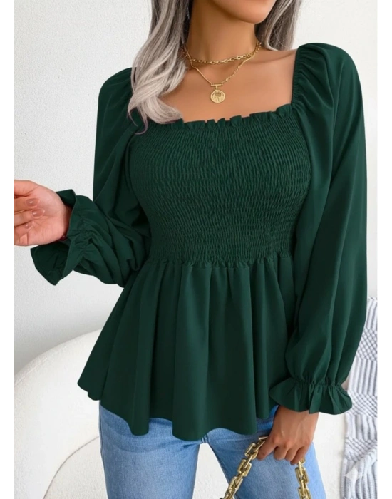 Kadın Uzun Kollu Geometrik Yakalı Gipe Detaylı Krep Bluz