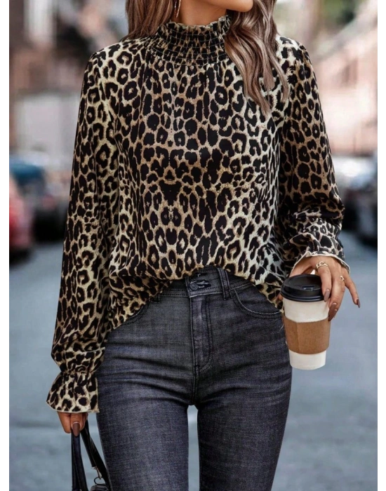 Kadın Uzun Kollu Gipe Detaylı Balıkçı Yaka Leopar Desenli Süprem Bluz