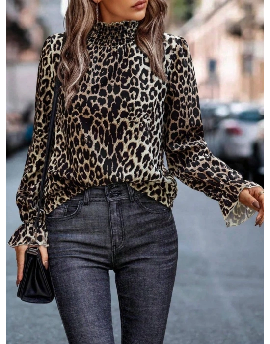 Kadın Uzun Kollu Gipe Detaylı Balıkçı Yaka Leopar Desenli Süprem Bluz