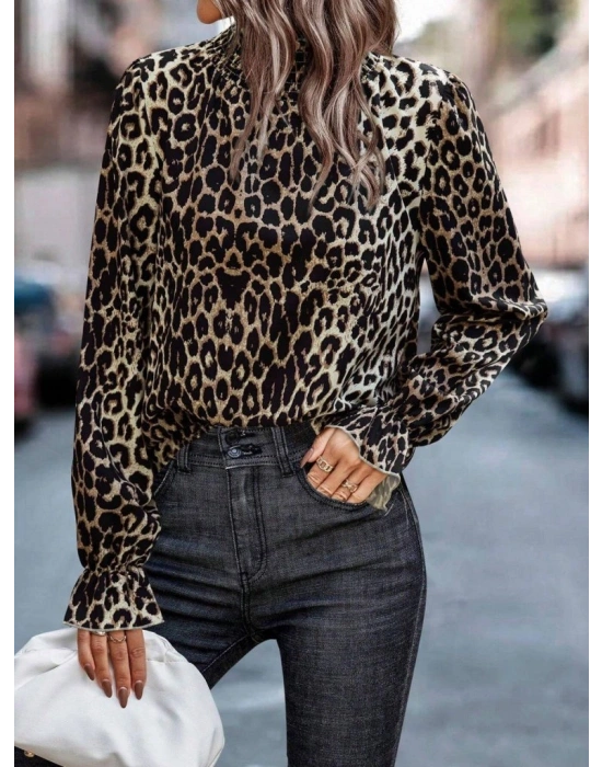 Kadın Uzun Kollu Gipe Detaylı Balıkçı Yaka Leopar Desenli Süprem Bluz
