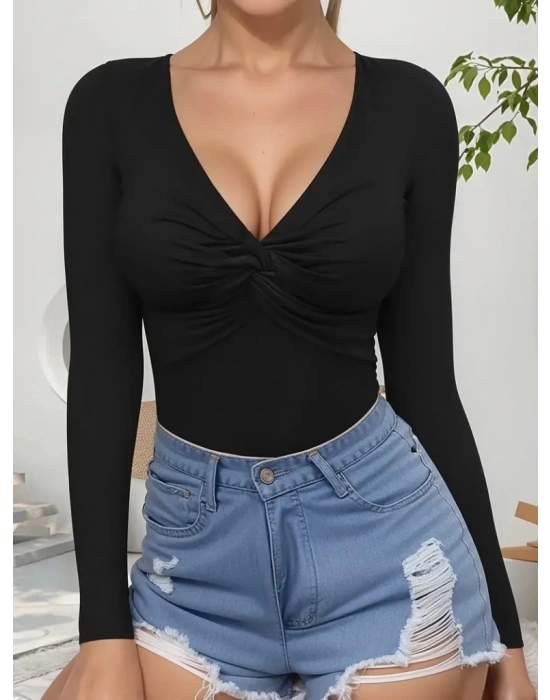 Kadın Uzun Kollu Göğüs Büzgü Detay Viskon Bluz