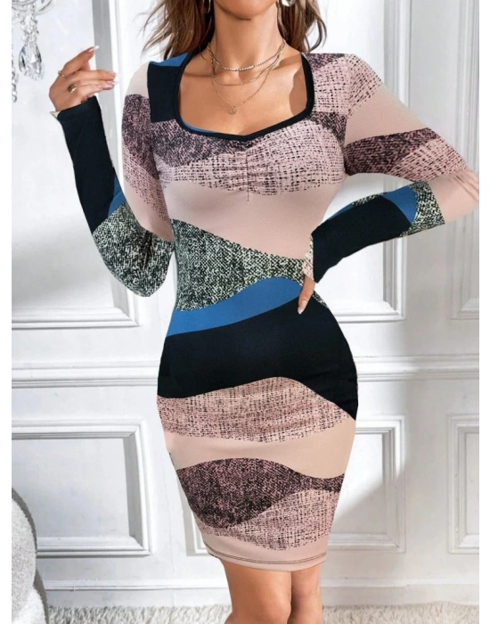 Kadın Uzun Kollu Göğüs Dekolte Detay Dalgıç Mini Elbise