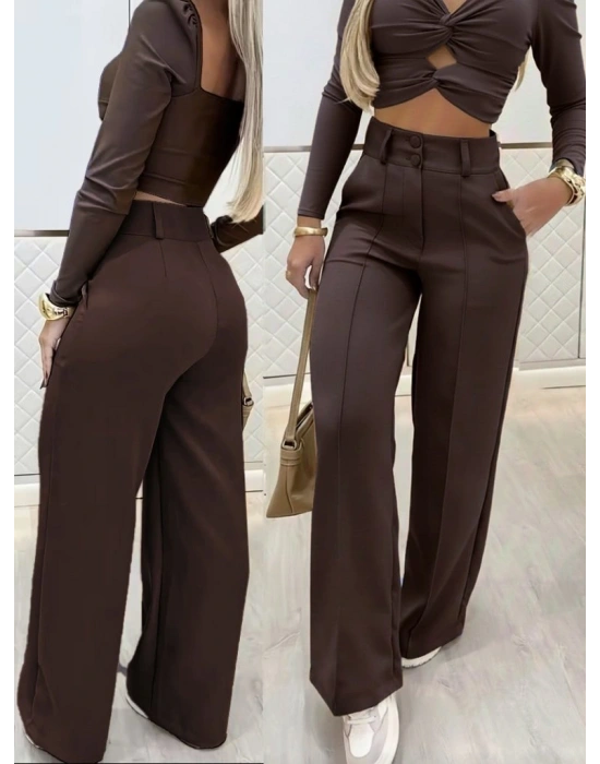 Kadın Uzun Kollu Göğüs Dekolteli Ithal Krep Bluz Ve Pantolon Ikili Takım