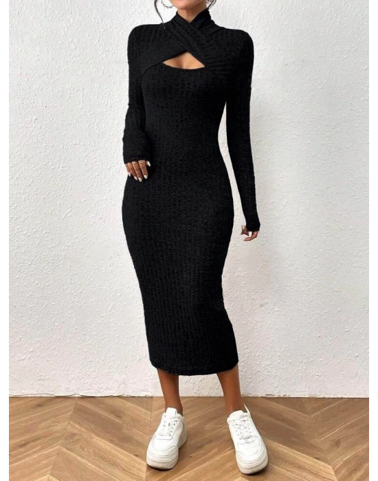 Kadın Uzun Kollu Göğüs Pencere Detaylı çapraz Yaka Detaylı şardonlu Kaşkorse Midi Elbise