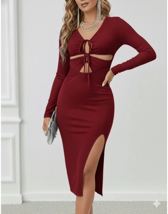 Kadın Uzun Kollu Göğüs Ve Göbek Dekolte Detay Sandy Midi Boy Elbise