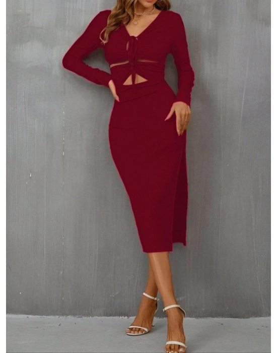 Kadın Uzun Kollu Göğüs Ve Göbek Dekolte Detay Sandy Midi Boy Elbise