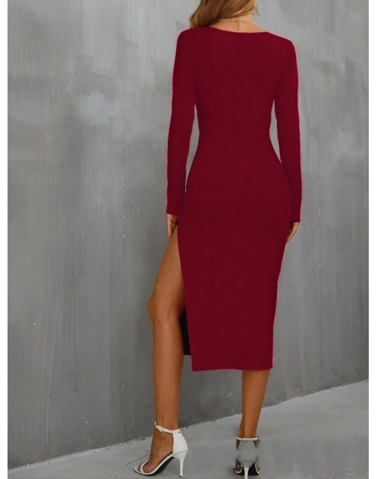 Kadın Uzun Kollu Göğüs Ve Göbek Dekolte Detay Sandy Midi Boy Elbise