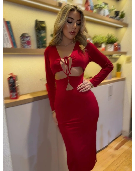 Kadın Uzun Kollu Göğüs Ve Göbek Dekolte Detay Sandy Midi Boy Elbise