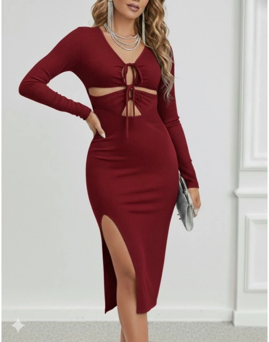 Kadın Uzun Kollu Göğüs Ve Göbek Dekolte Detay Sandy Midi Boy Elbise