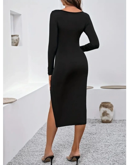 Kadın Uzun Kollu Göğüs Ve Göbek Dekolte Detay Sandy Midi Boy Elbise