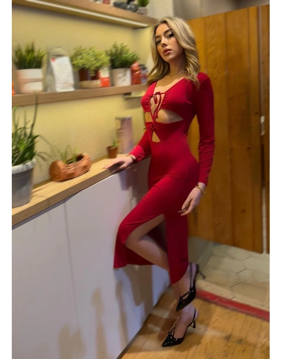 Kadın Uzun Kollu Göğüs Ve Göbek Dekolte Detay Sandy Midi Boy Elbise