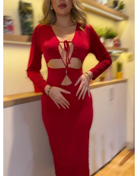 Kadın Uzun Kollu Göğüs Ve Göbek Dekolte Detay Sandy Midi Boy Elbise