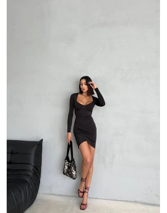 Kadın Uzun Kollu Göğüs Ve Sırt Dekolteli Kruvaze Etek Detay Fırsat ürün ini Elbise