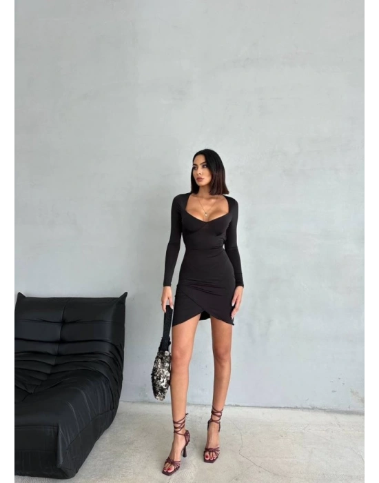 Kadın Uzun Kollu Göğüs Ve Sırt Dekolteli Kruvaze Etek Detay Fırsat ürün ini Elbise