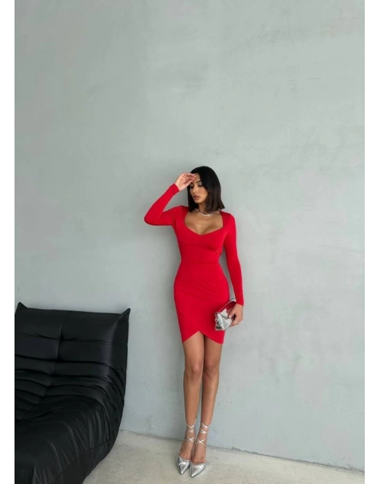 Kadın Uzun Kollu Göğüs Ve Sırt Dekolteli Kruvaze Etek Detay Fırsat ürün ini Elbise