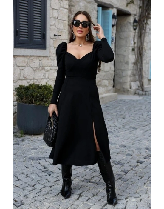 Kadın Uzun Kollu Göğüs Ve Sırt Dekolteli Krep Midi Boy Elbise