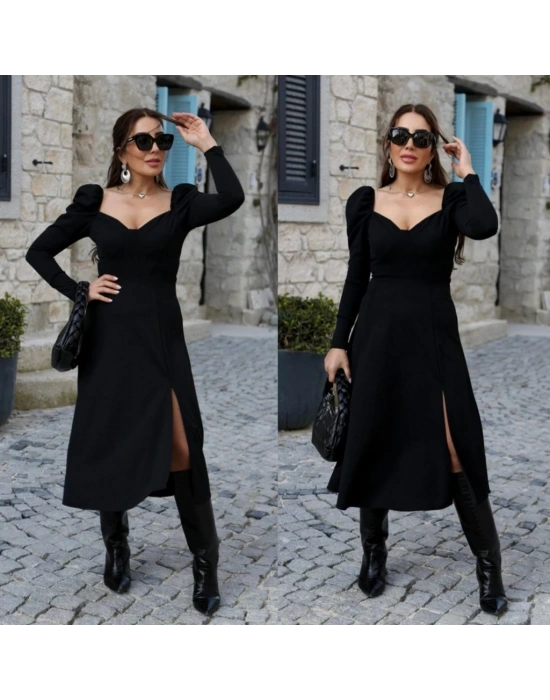 Kadın Uzun Kollu Göğüs Ve Sırt Dekolteli Krep Midi Boy Elbise