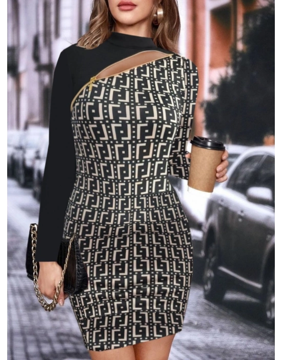 Kadın Uzun Kollu Göğüste çapraz Fermuar Detay Dalgıç Mini Boy Elbise