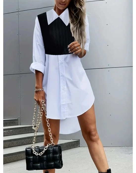 Kadın Uzun Kollu Gömlek Yaka çift Renkli Trikoton Elbise