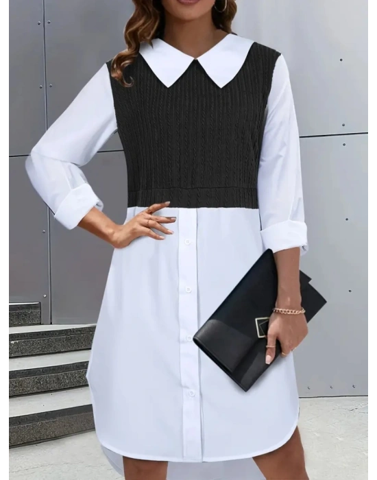 Kadın Uzun Kollu Gömlek Yaka çift Renkli Trikoton Elbise