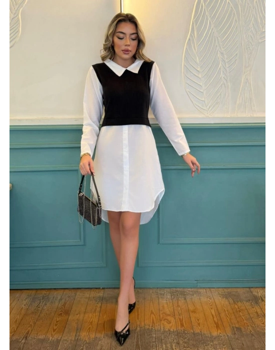 Kadın Uzun Kollu Gömlek Yaka çift Renkli Trikoton Elbise