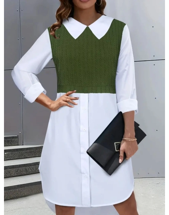 Kadın Uzun Kollu Gömlek Yaka çift Renkli Trikoton Elbise