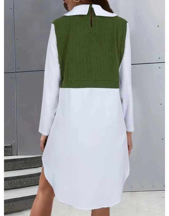 Kadın Uzun Kollu Gömlek Yaka çift Renkli Trikoton Elbise