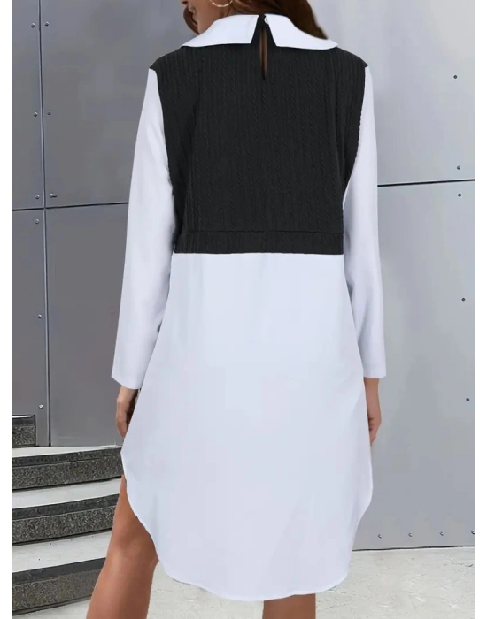 Kadın Uzun Kollu Gömlek Yaka çift Renkli Trikoton Elbise