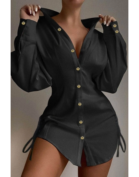 Kadın Uzun Kollu Gömlek Yaka önden Düğmeli Yanlardan Büzgülü Kısa Aerobin Elbise