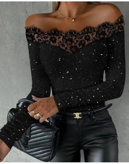 Kadın Uzun Kollu Güpürlü Madonna Yaka Taşlı Mikro Bluz