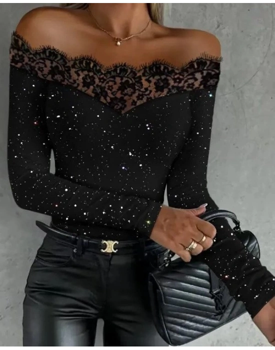 Kadın Uzun Kollu Güpürlü Madonna Yaka Taşlı Mikro Bluz